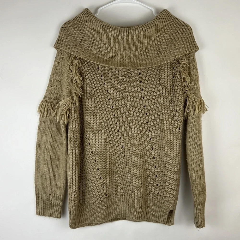 KNOX ROSE cowl shoulder tight knit sweater tan with fringe S - Picture 2 of 8